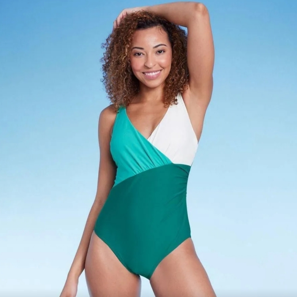 Shade & Shore Women's Tank Swimwear Teal Green M Wrap One Piece